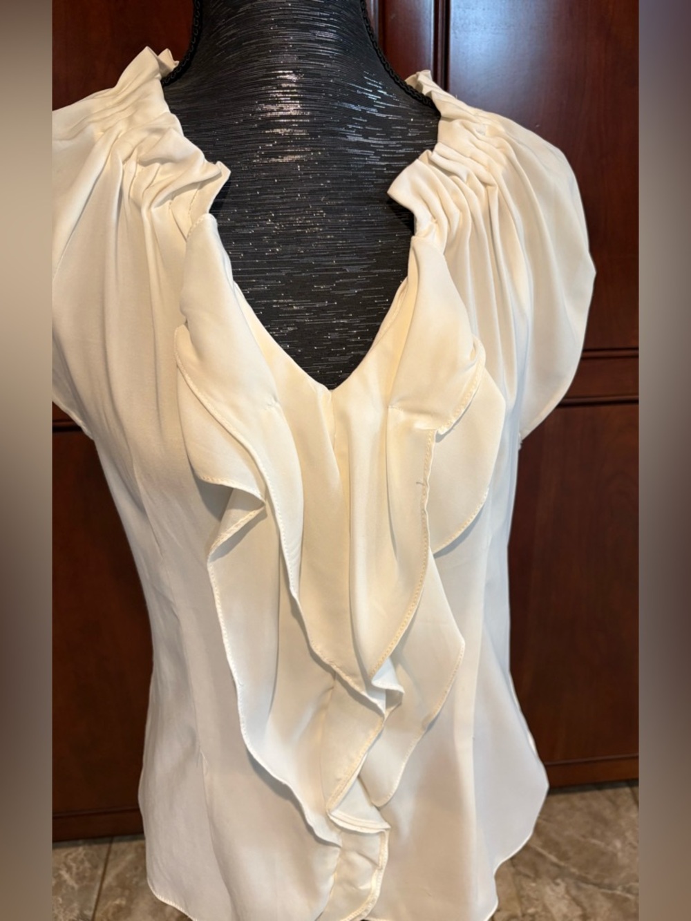 Express Cream Ruffle V-Neck Blouse - Picture 2 of 5